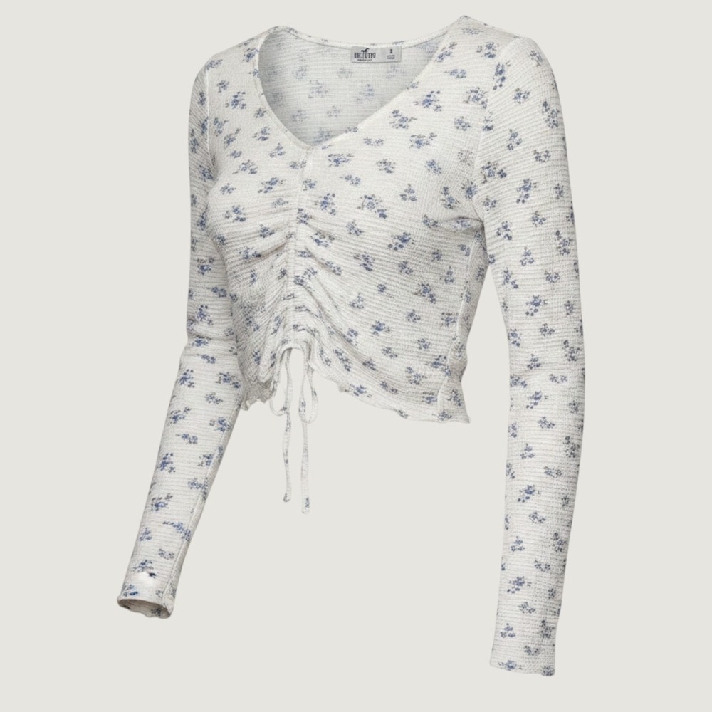 Hollister Floral Ruched Crop Top S White Blue Flowers Long Sleeve Coquette Fairy